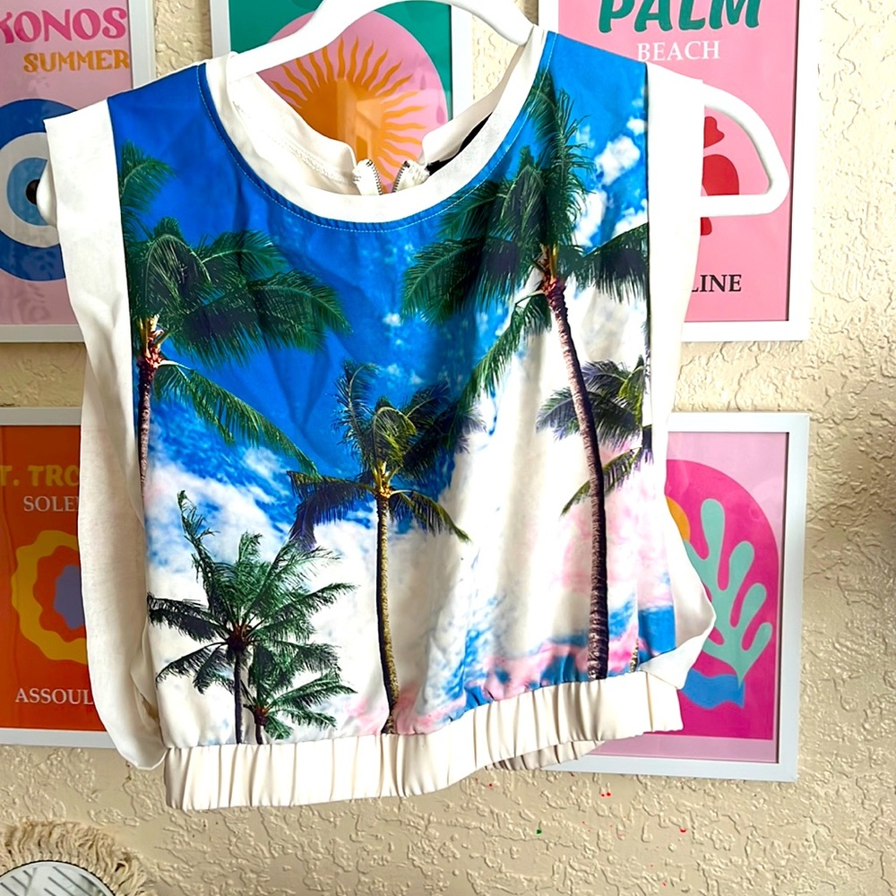 Summer blouse Palm tree tropical FL sleeveless flowy shirt tank beach white s